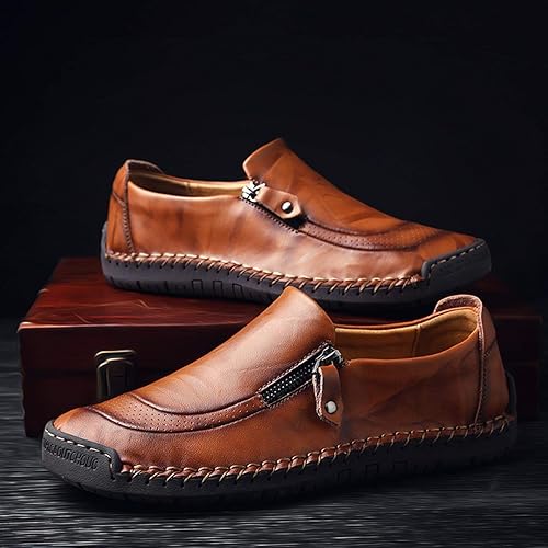 Qiucdzi Men's Casual Penny Loafers Breathable Lace-up Driving Boat Shoes Handmade Flats Dress Shoes
