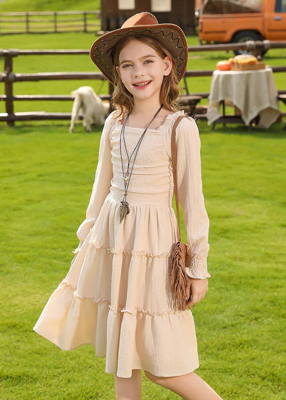 Girls Long Sleeve Dress Ruched Smocked Tiered Ruffle A-Line Casual Boho Teen Dresses with Pocket Size 6-16 Years