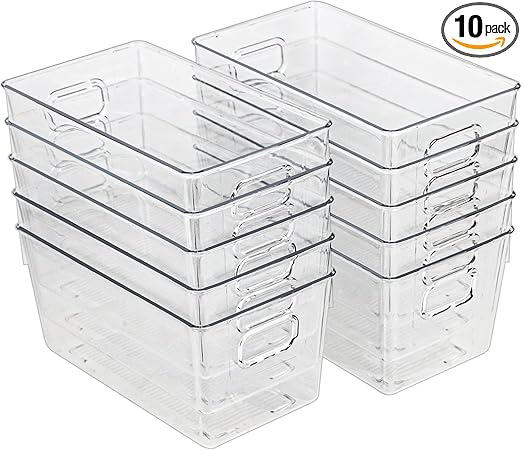 10 PACK Clear Storage Bins Clear Storage Containers for Kitchen Pantry Organization and Storage Bins, Organizing Bins with Built in Handles, Cabinet Organizers