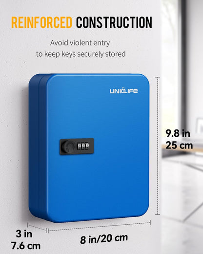 Refurbished- 28 Keys Steel Key Cabinet(small dents) with Resettable Code Blue Wall Mounted Key Organizer with Combination Lock Digital Security Box with Hooks and Large Key Tag Labels Identifiers in 5 Assorted Colors