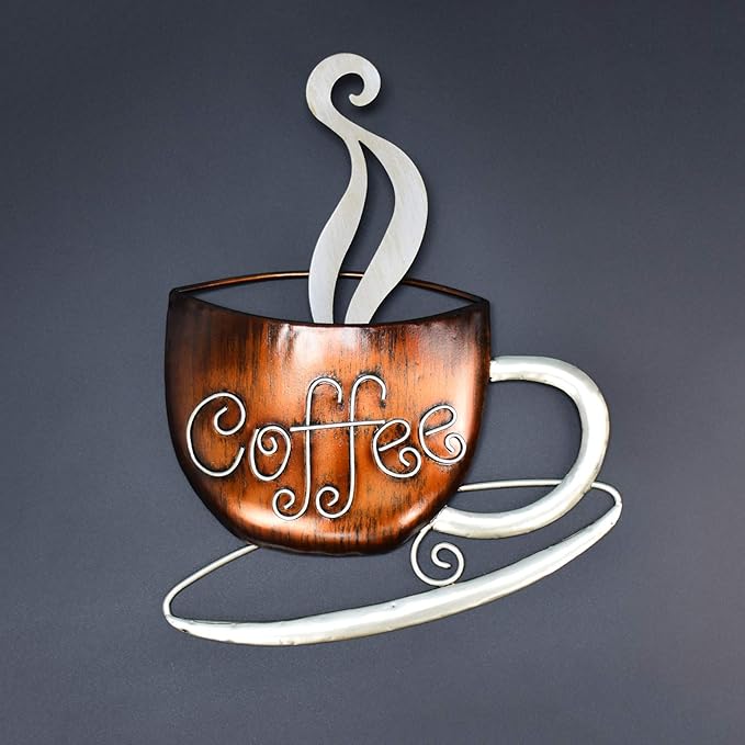 Aayla Metal Coffee Cup Wall Hanging Sculpture for Home, Kitchen, Restaurants and Shops - Brown and Champagne Color (14.75" H)