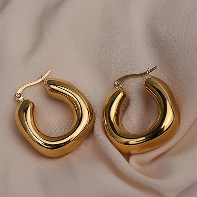 JeanBeau Gold Plated Chunky Hoop Earrings for Women, Trendy Statement Thick Hollow Lightweight Huggie Hypoallergenic Earing Jewelry Gift