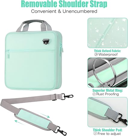 MoKo Zipper Binder, 2 Inch 3 Ring Binder with Zipper,500 Sheets Capacity Zipper Binder with Shoulder Strap & Handle,Multi-Pocket Zipper Binder Organizer for Middle School, Mint Green