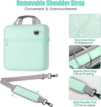 MoKo Zipper Binder, 2 Inch 3 Ring Binder with Zipper,500 Sheets Capacity Zipper Binder with Shoulder Strap & Handle,Multi-Pocket Zipper Binder Organizer for Middle School, Mint Green