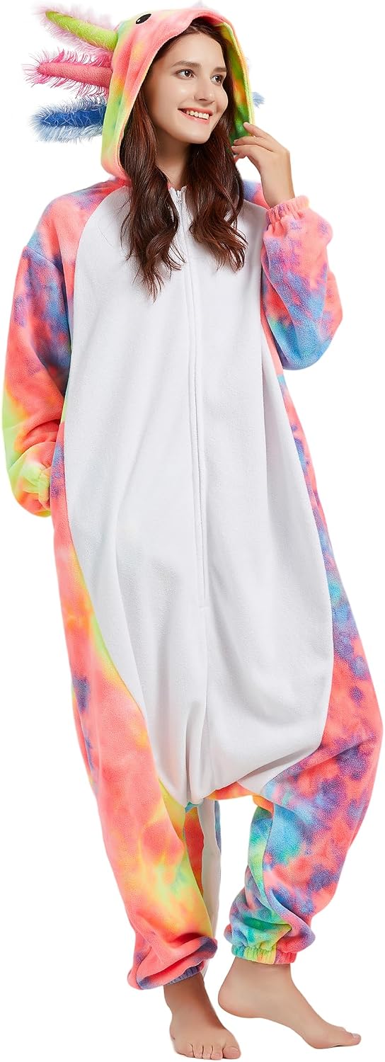 Unisex Axolotl Costume Adult Onesie, One Piece Pajamas, Halloween Cosplay Costumes Homewear Jumpsuit,Animal Onesie