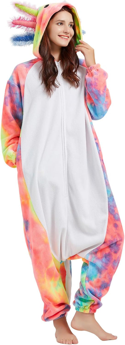Unisex Axolotl Costume Adult Onesie, One Piece Pajamas, Halloween Cosplay Costumes Homewear Jumpsuit,Animal Onesie