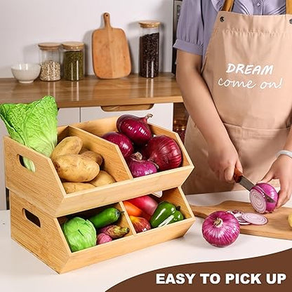2 Set Bamboo Storage Bins, Pantry Organizers and Storage, Kitchen Countertop Organization and Storage Basket for Produce, Onions, Potatoes, Garlic, Fruits, Vegetable and Bread