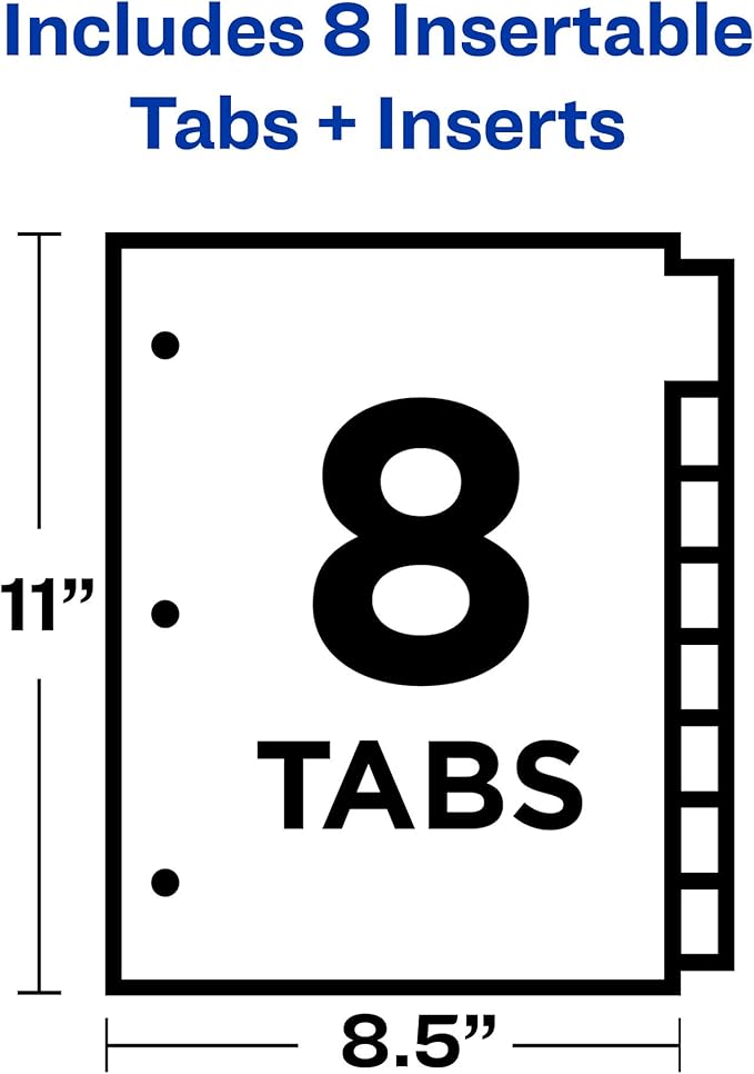 Avery Big Tab Insertable Plastic 2 Pocket Dividers for 3 Ring Binders, 8 Tab Set, Bright Two-Tone Multicolor, Works with Sheet Protectors, 1 Set (11989)