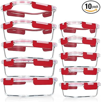 VERONES 10Pack Glass Meal Prep Containers, Airtight Glass Lunch Containers,Stackable Glass Food Storage Containers Set with Lids,Exclusive of BPA, for Microwave,Oven, Freezer&Dishwasher Friendly,Red