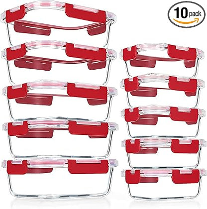 VERONES 10Pack Glass Meal Prep Containers, Airtight Glass Lunch Containers,Stackable Glass Food Storage Containers Set with Lids,Exclusive of BPA, for Microwave,Oven, Freezer&Dishwasher Friendly,Red