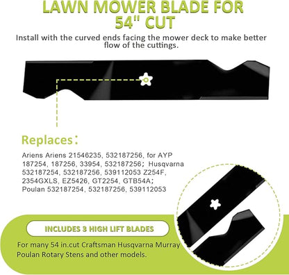 Lawn Mower Blades Z254 54 Inch Compatible with Husqvarna Z254F 532187256 YTH2454 LGT2554 LGT2654 Fits Craftsman Poulan Replace OEM Part: 187256, 532187256, 539112053, 187254
