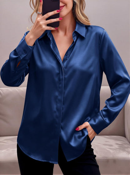 Zeagoo Satin Blouses for Women Casual Long Sleeve Button Down Silk Shirts Dressy Business Work Tunic Top.