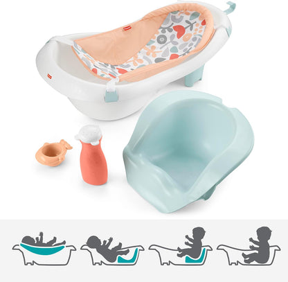 The Color is Green.Fisher-Price™ Baby to Toddler Bath 4-in-1 Sling 'N Seat Tub with Removable Infant Support and 2 Toys, Summer Blossoms