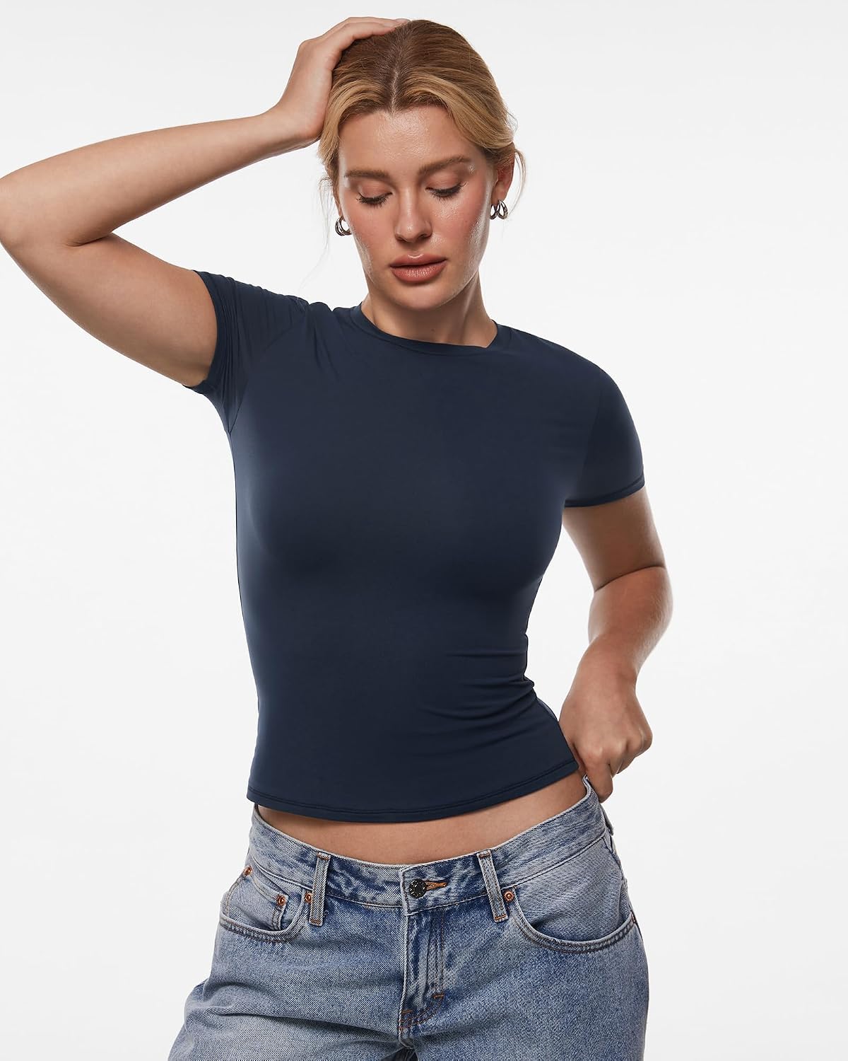 INLYRIC Women's Inbarely Ultra Short Sleeve Tops Crew Neck Double Lined Going Out Slim Fit T Shirts Summer Basic Tees