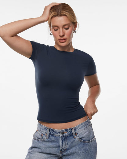INLYRIC Women's Inbarely Ultra Short Sleeve Tops Crew Neck Double Lined Going Out Slim Fit T Shirts Summer Basic Tees