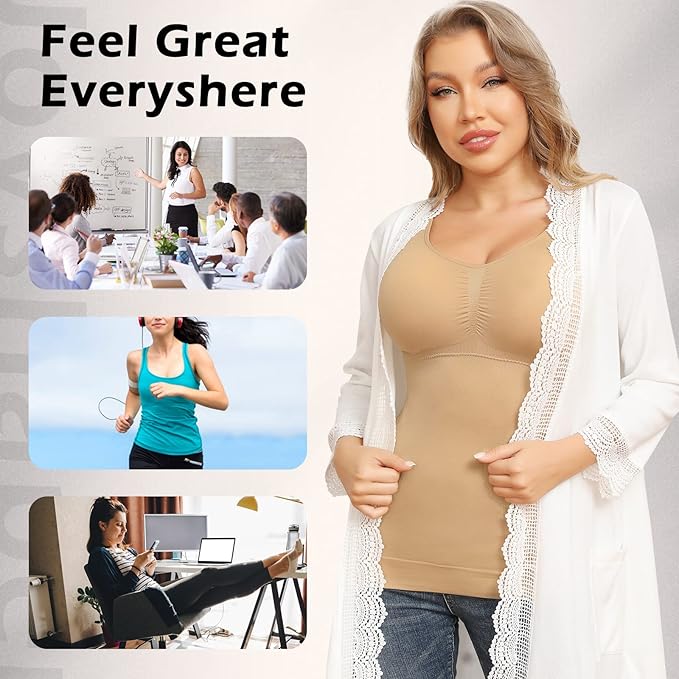 Shapewear Camisoles With Built in Bra Tummy Control Compression Tank Tops for Women Body Shaper Padded Tanks