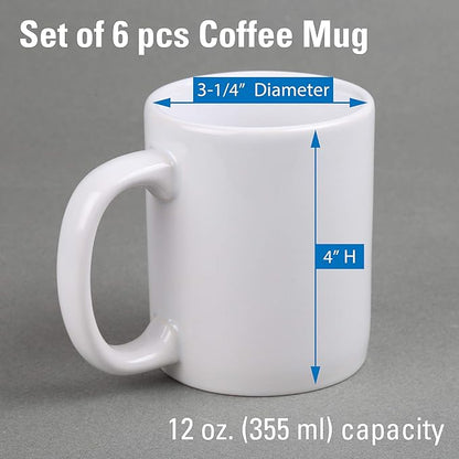 Creative Home - 85355 Creative Home Set of 6 Piece, 12 oz Ceramic Coffee Mug Tea Cup, 3-14" D X 4" H, White