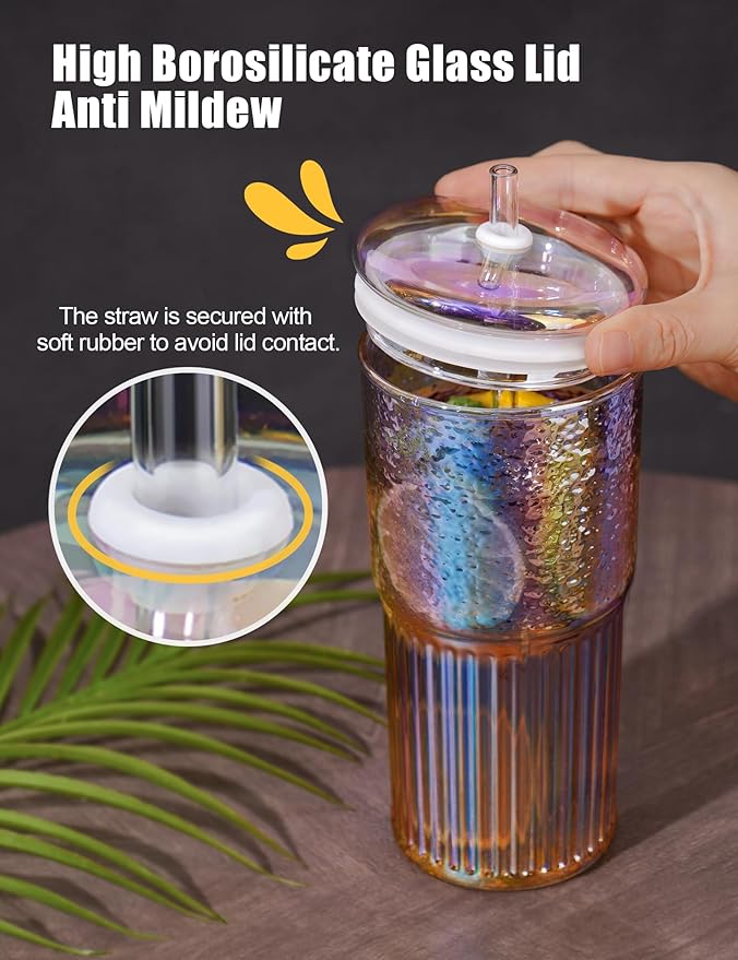 NiHome Iridescent Borosilicate Glass Tumbler Cup with Glass Lid & Straw 22oz/650ml 2-Pack, Leak-Proof Silicone Seal for Flavor Preservation, Hygienic & Dishwasher Safe, 2PCS Straw Brushes Included