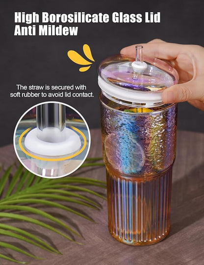 NiHome Iridescent Borosilicate Glass Tumbler Cup with Glass Lid & Straw 22oz/650ml 2-Pack, Leak-Proof Silicone Seal for Flavor Preservation, Hygienic & Dishwasher Safe, 2PCS Straw Brushes Included