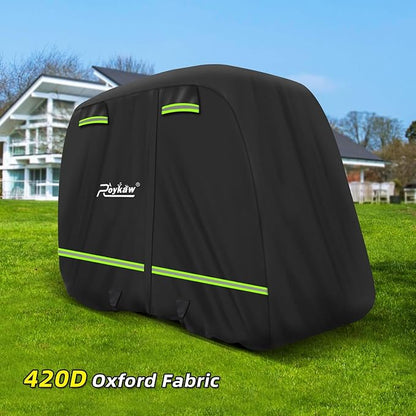 Roykaw Golf Cart Cover Superior 420D Waterproof Compatible with EZGO/Club Car/Yamaha & Most Brands 4 Passenger/2 Passenger Golf Cart,Reflective Strips/Two Windproof Straps/Three Sides Zipper Opening