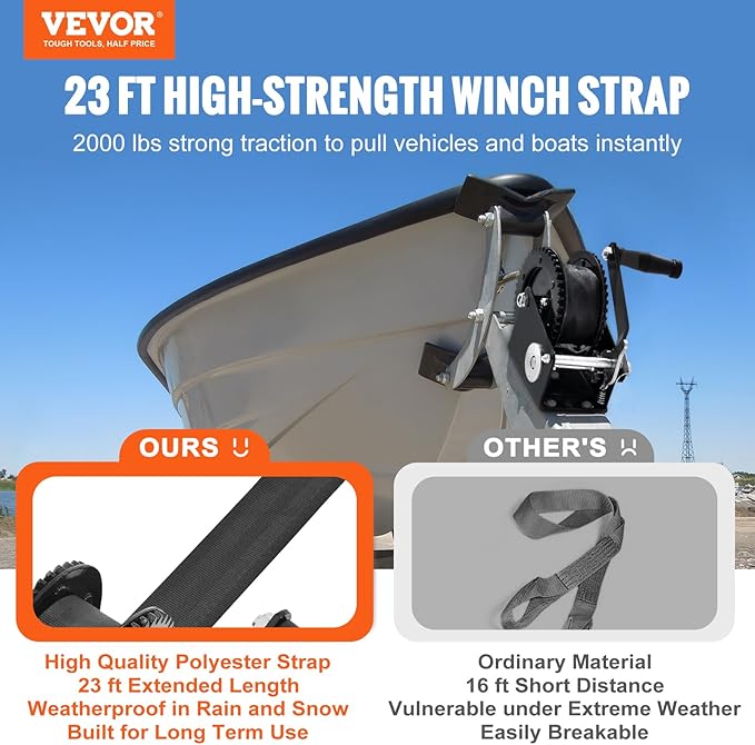 VEVOR Hand Winch, 2000 lbs Pulling Capacity, Boat Trailer Winch Heavy Duty Rope Crank with 23 ft Polyester Strap and Two-Way Ratchet, Manual Operated Hand Crank Winch for Trailer, Boat or ATV Towing