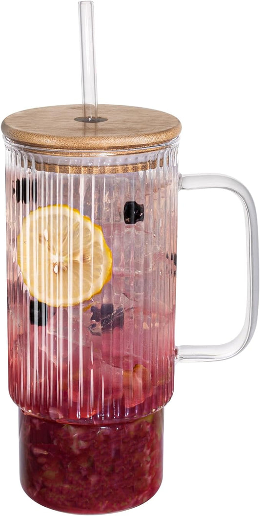 32oz Ribbed Glass Cup with Handle Bamboo Lid and Straw, Glass Tumbler, Iced Coffee Cups Hot/Cold Drink