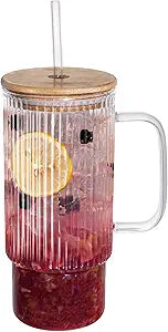 32oz Ribbed Glass Cup with Handle Bamboo Lid and Straw, Glass Tumbler, Iced Coffee Cups Hot/Cold Drink