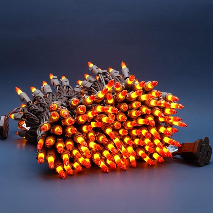 200 Count Orange Christmas Lights, Pack of 2 Strands 100 Count 33 ft Brown Wire UL Listed Halloween String Light (Orange)