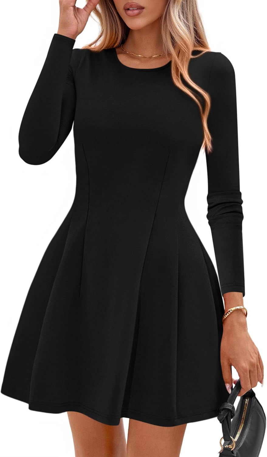 PRETTYGARDEN Long Sleeve Mini Dress for Women 2026 Spring Crewneck Knit Pleated Babydoll A Line Casual Short Party Dresses