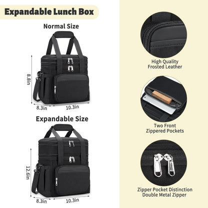holuxer Insulated Lunch Bag & Lunch Box for Men - Double Deck Reusable Lunch Bag for Women Tote Cooler Bag Leakproof Soft Expandable - Large Lunchbox for Work/Adult/Picnic/Outdoor (Black?15L)