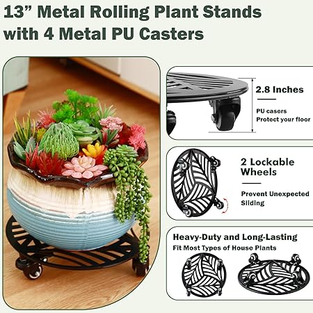 2 Packs Metal Plant Caddy with Wheels 13 Heavy-Duty Wrought Iron Rolling Plant Stands with Casters Indoor and Outdoor Plant Pot Roller Base Plant Saucer Movers Black, Strong Load Capacity