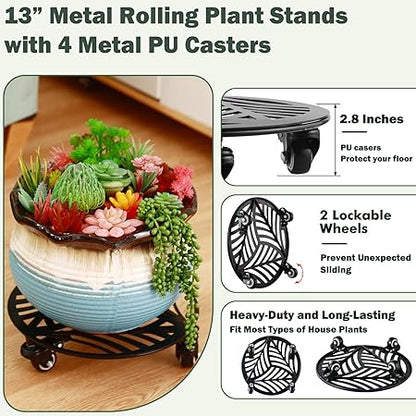 2 Packs Metal Plant Caddy with Wheels 13 Heavy-Duty Wrought Iron Rolling Plant Stands with Casters Indoor and Outdoor Plant Pot Roller Base Plant Saucer Movers Black, Strong Load Capacity