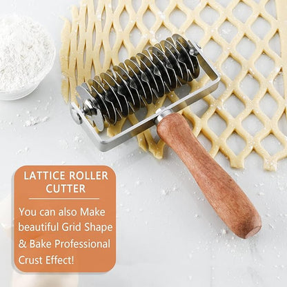 Stainless Steel Dough Lattice Top Cookie Pie Pizza Bread Pastry Crust Roller Cutter Holder Wooden Handle, Lattice Dough Cutter for Fishnet Crust