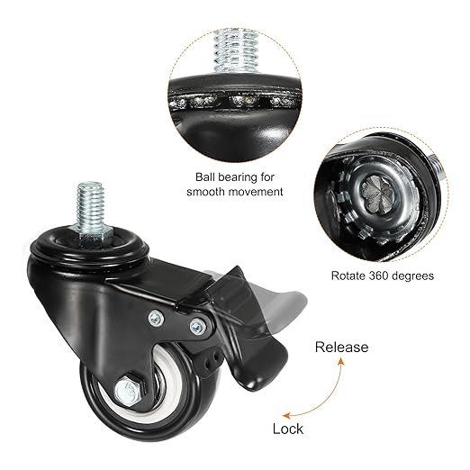 uxcell 2 Inch Swivel Threaded Stem Casters M10x15mm Thread PU Caster Wheel with Brake 110lbs Load for Furniture Carts, Black 4pcs