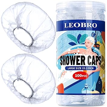 LEOBRO Shower Cap, Large Disposable Shower Caps, 100PCS Large Shower Caps for Women Disposable, Plastic Hair Caps for Shower, Thick Waterproof Plastic Shower Caps, Large Size 19.3 INCH