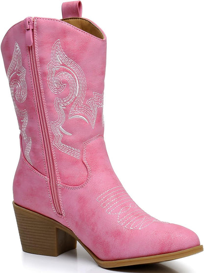 Women's Mid Calf The Western Cowgirl Boots Fashion Cowboy Boots For Women Chunky Low Heel