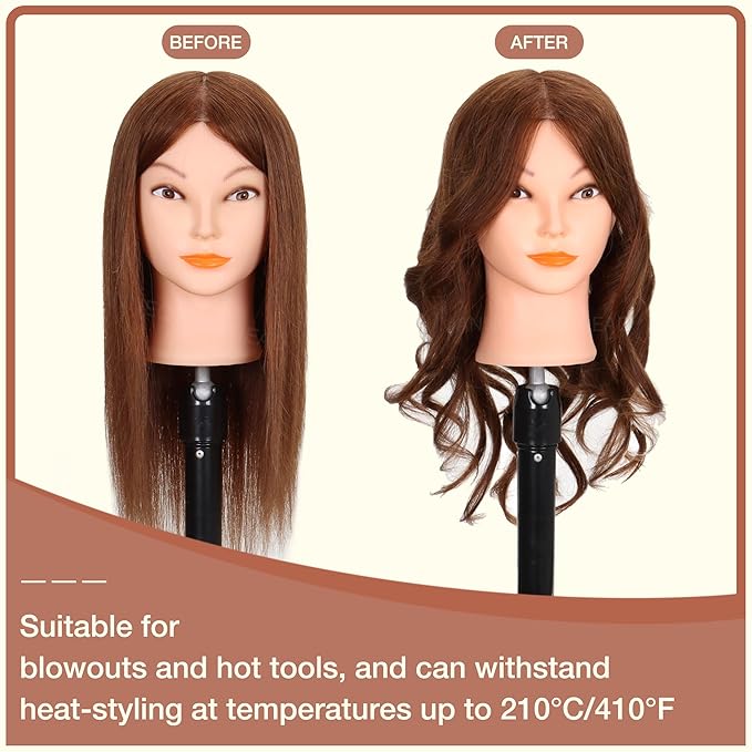 Mannequin Head with Human Hair - 20-22" Cosmetology Mannequin Head with 100 Real Human Hair for Braiding Practice Cutting - Manikin Head with Human Hair for Hairdresser (Brown)