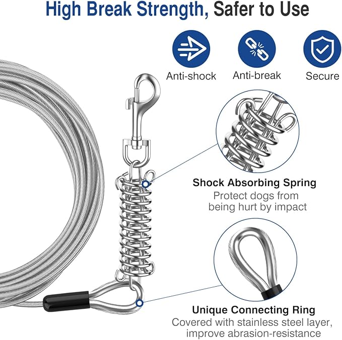 Pawaboo Dog Tie Out Cable, 25ft Dog Runner Cable Dog Leads for Small to Large Dogs Up to 125 Pounds, Heavy Duty Dog Leash Run Tether with 360A Swivel Hook and Shock Spring (125lbs, 25ft, Silver)