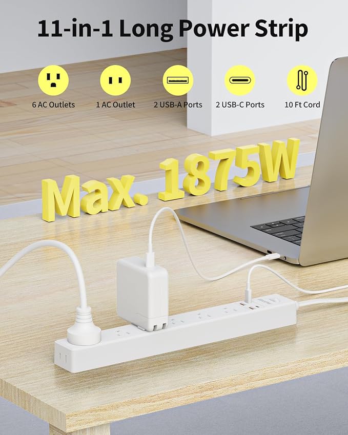 10-foot surge protection power strip, 7 outlets, 4 USB ports (2 USB C), ultra-thin flat extension cord and flat plug, 1700 joules, wall mount, charging station