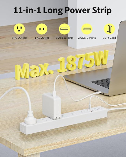 10-foot surge protection power strip, 7 outlets, 4 USB ports (2 USB C), ultra-thin flat extension cord and flat plug, 1700 joules, wall mount, charging station