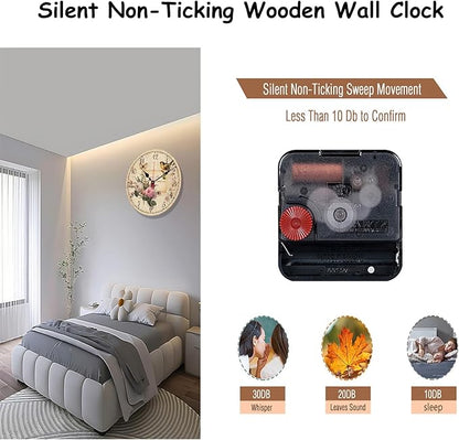 12 Inch Wood Wall Clock Silent Non-Ticking Wall Clocks for Office,Bathroom,Living Room,Dining Room,Kitchen Decoration, FlowersBirds Style Round Hanging Clock