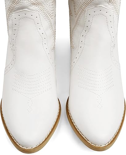 Zzheels Women Mid-calf Cowboy Boots Pointy Toe Boots Embroidered Western Cowgirl Boots Chunky Heels