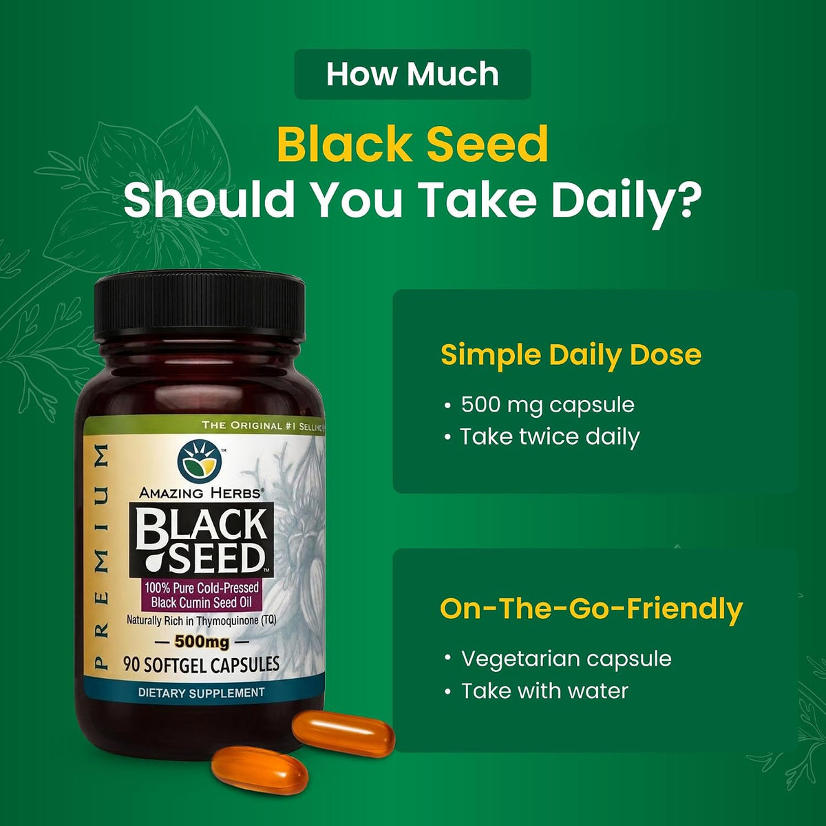 Amazing Herbs Premium Black Seed Oil Capsules - Gluten Free, Non GMO, Cold Pressed Nigella Sativa Aids in Digestive Health, Immune Support- 90 Count, (Pack of 1)