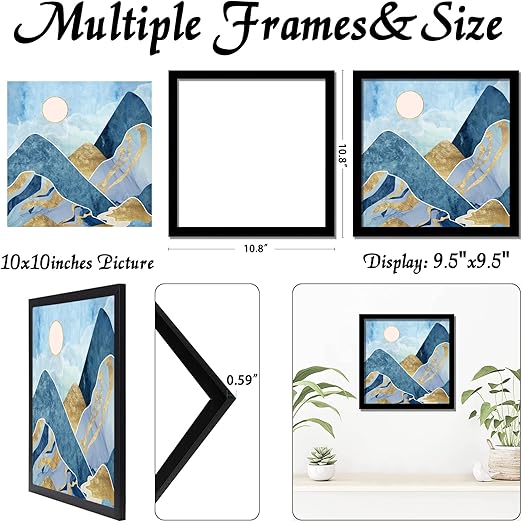 Black Picture Frame, 10x10 Picture Frame for Square Photo Poster Canvas Certificate Document Display Horizontally or Vertically High Transparent Wall Gallery(Size 10 x 10 inches)