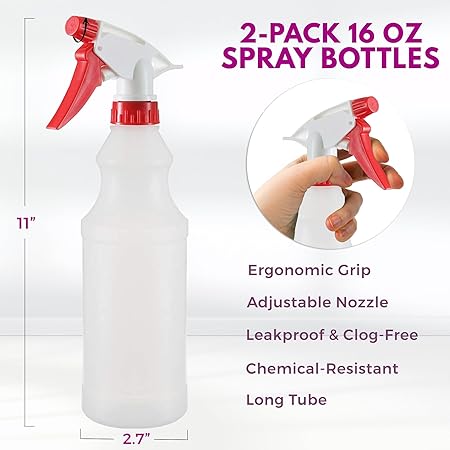 DilaBee Plastic Spray Bottle (2 Pack) - 16oz Empty Spray Bottles for Cleaning, Gardening  Grilling - Leakproof  Adjustable Nozzle Water Spray Bottle - Heavy Duty  BPA Free Plastic Spray Bottles