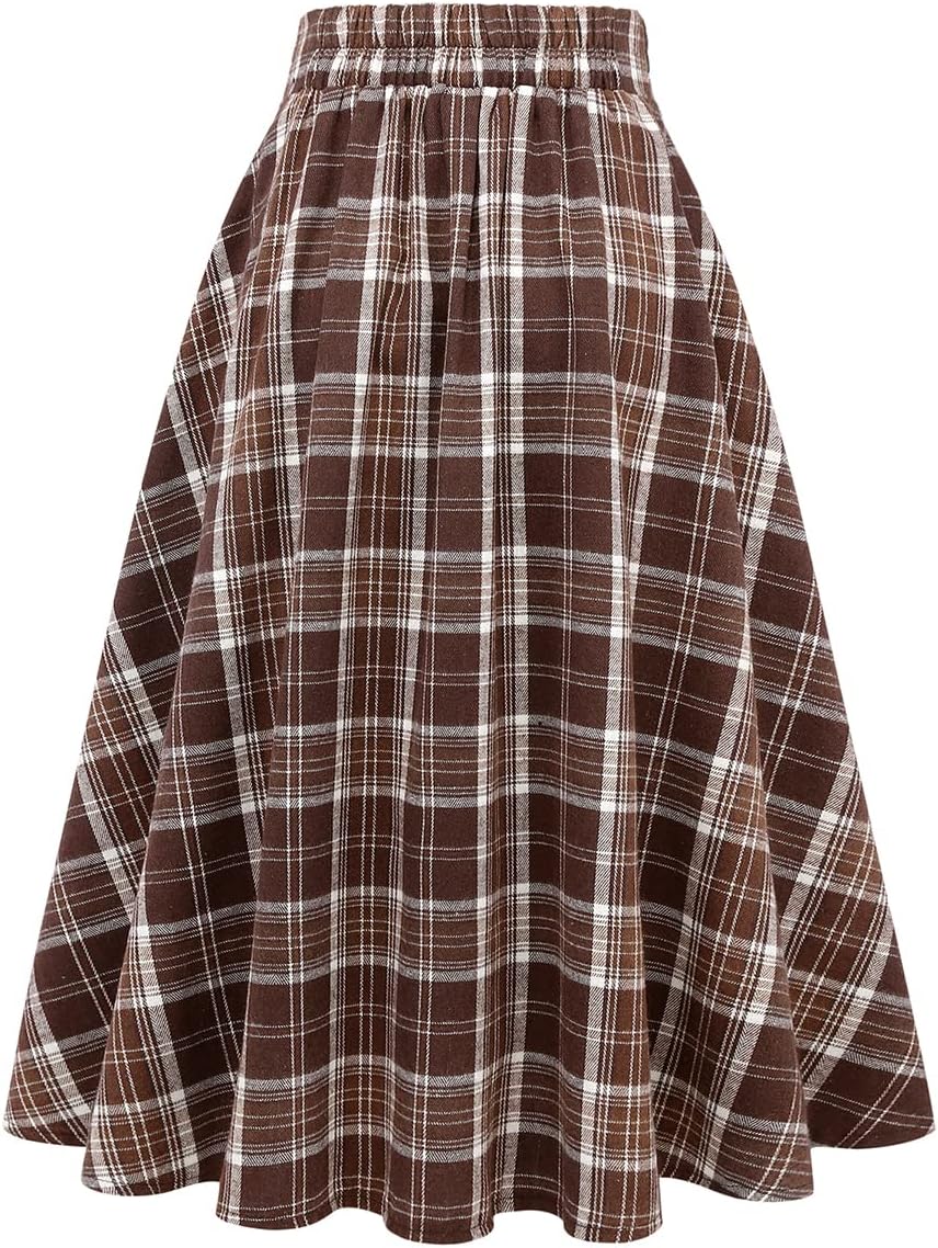 IDEALSANXUN Women's Plaid High Waist A-Line Pleated Midi Skirt