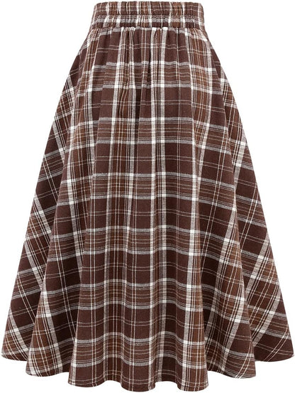 IDEALSANXUN Women's Plaid High Waist A-Line Pleated Midi Skirt