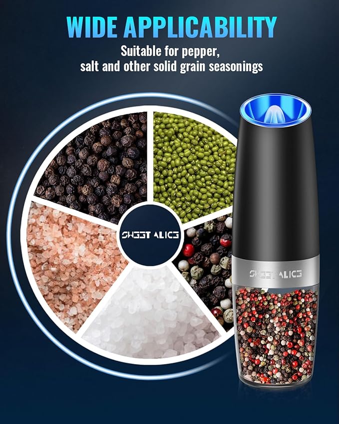 Sweet Alice Gravity Electric PepperSalt Grinder, Salt or Pepper Mill  Adjustable Coarseness, Battery Powered with LED Light, One Hand Automatic Operation, Stainless Steel (SingleBlack)