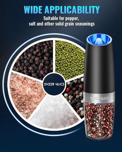 Sweet Alice Gravity Electric PepperSalt Grinder, Salt or Pepper Mill  Adjustable Coarseness, Battery Powered with LED Light, One Hand Automatic Operation, Stainless Steel (SingleBlack)