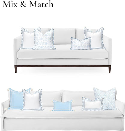 Hofdeco Premium Coastal Patio Indoor Outdoor Scalloped Lumbar Pillow Cover Only, 12"x20" Water Repellent for Backyard, Couch, Baby Blue Embroidered Begonia Pattern Chain Frame